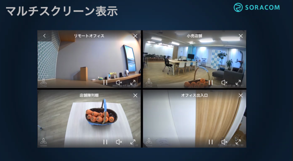 マルチスクリーン機能で1つのスクリーンで4台のカメラ映像が見られる